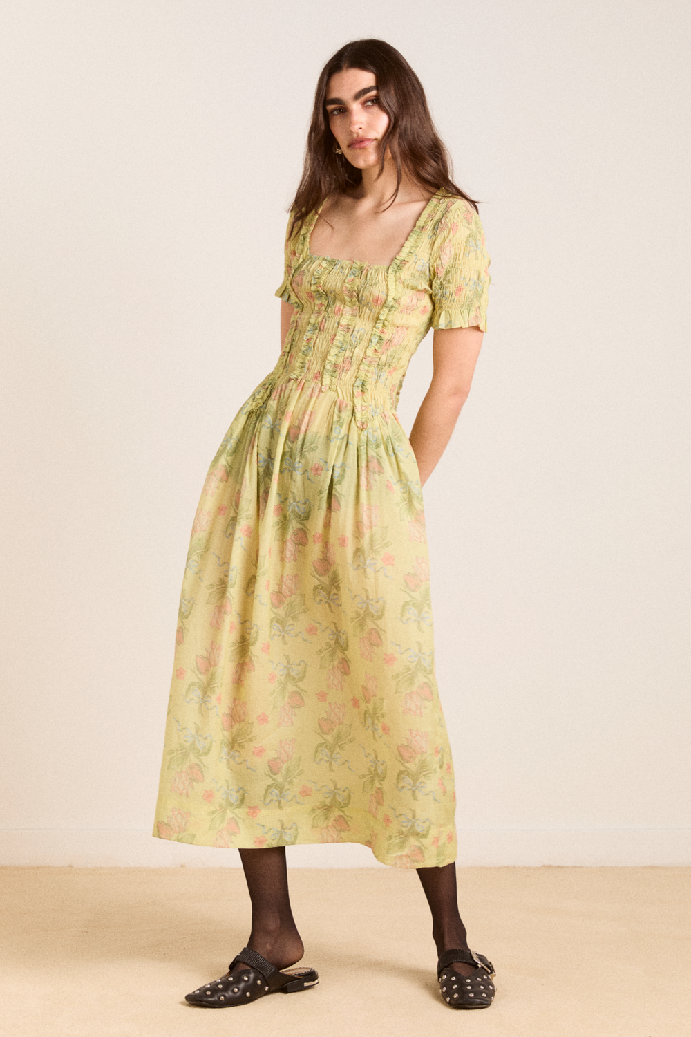 raphaela ruffle midi dress - sheer tulip olive