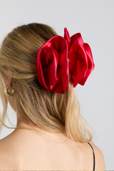 oversized satin rose hairclip in red
